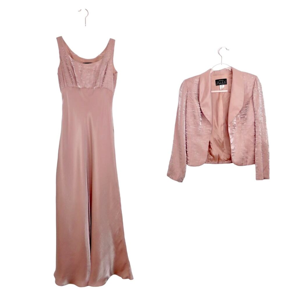 Alex Evenings Vintage Formal Blush Pink Satin Maxi Dress Blazer Set Medium 8P - Picture 6 of 9